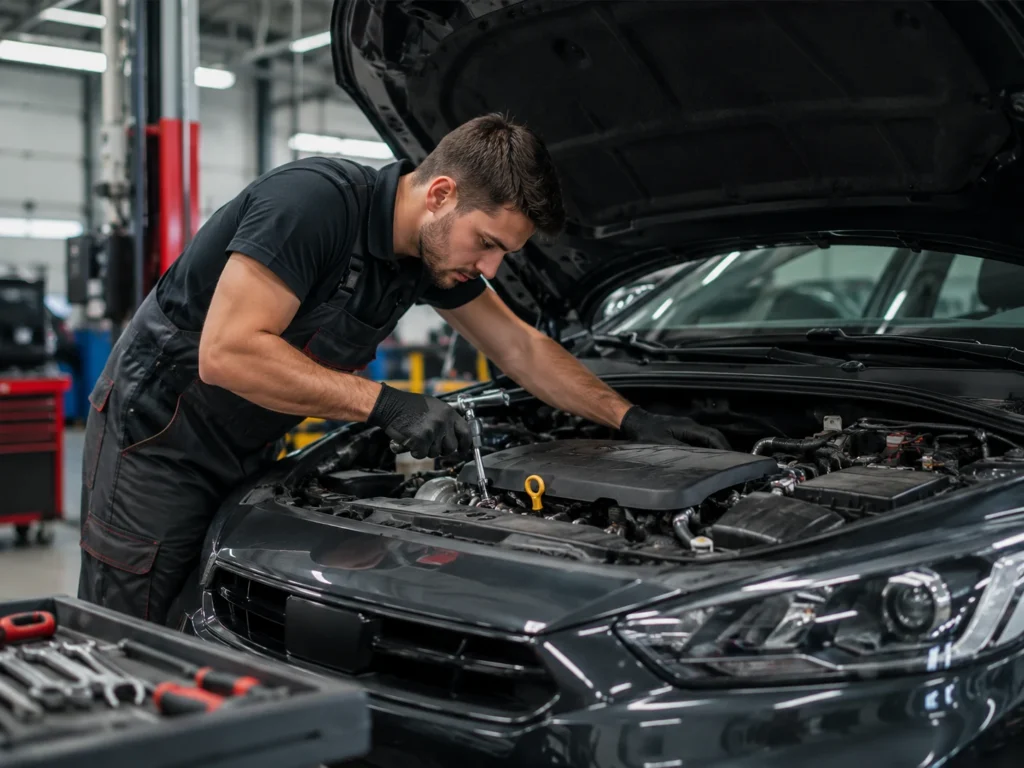 Mechanic servicing a car engine with tools at MH Auto Repair Centre in Perivale, Greenford
