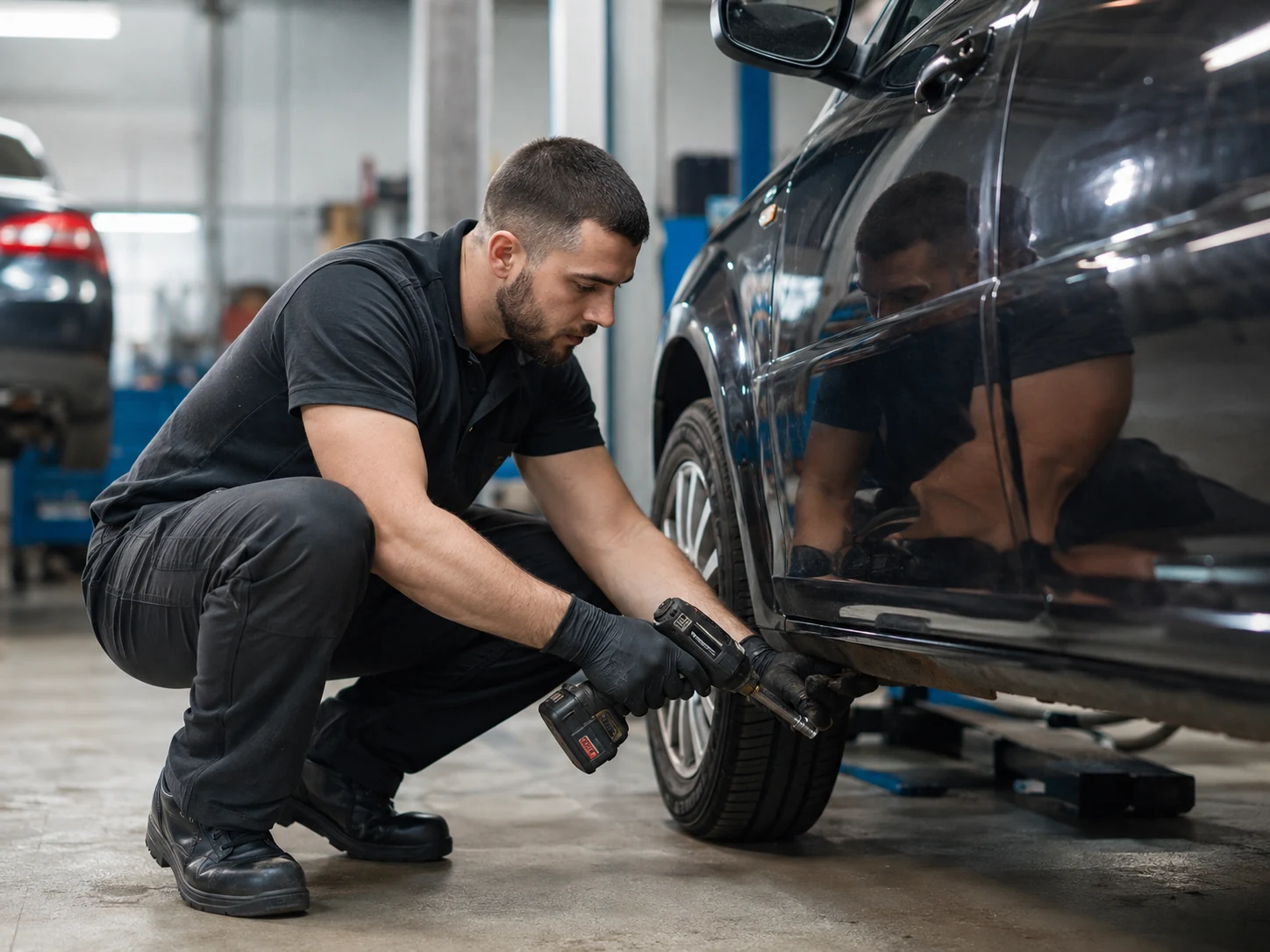 Mechanic working on a wheel and suspension area of a car at MH Auto Repair Centre in Perivale, Greenford