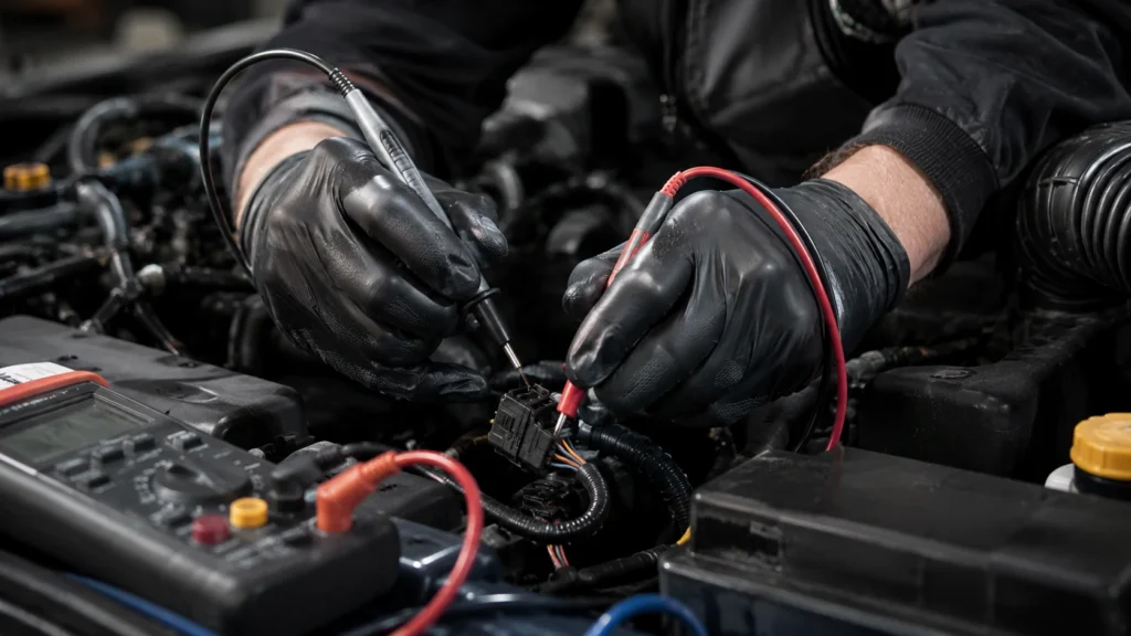 Mechanic carrying out a diagnostic check in a car engine bay at MH Auto Repair Centre in Perivale, Greenford