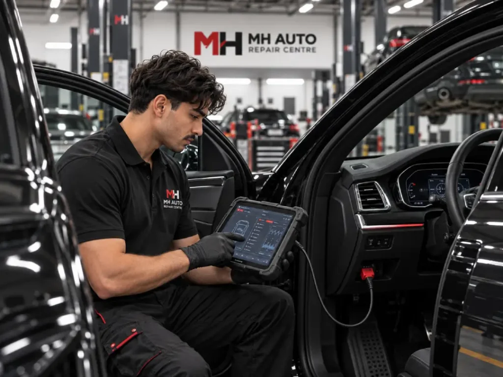 Mechanic carrying out a diagnostic test on a car at MH Auto Repair Centre in Perivale, Greenford